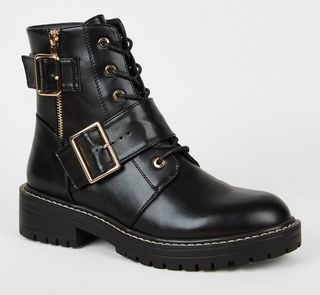 New Look + Black Leather-Look Lace-Up Buckle Boots