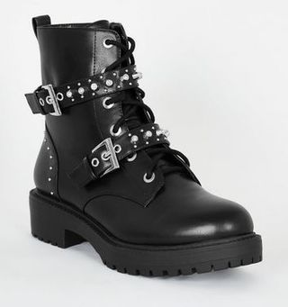 New Look + Black Leather-Look Stud Chunky Sole Boots