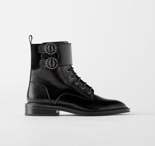 Zara + Flat Leather Ankle Boots With Buckled Strap