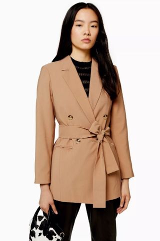 Topshop + Camel Double Breasted Belted Twill Blazer