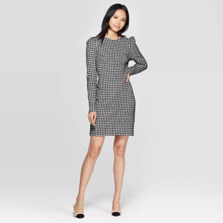 Who What Wear x Target + Plaid Puff Shoulder Long Sleeve Boat Neck A Line Mini Dress