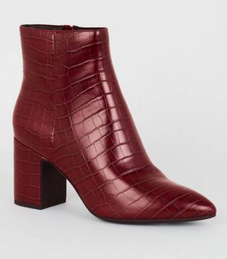 New Look + Dark Red Faux Croc Ankle Boots