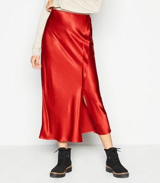 Kley + Dark Red Satin Midi Slip Skirt