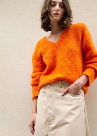 Vince + V-neck Sweater in Orange