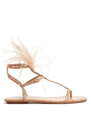 Aquazzura + Ponza Feather-Embellished Leather Sandals