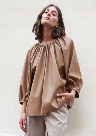 Frankie Shop + Faux Leather Gathered Neck Top in Camel Brown