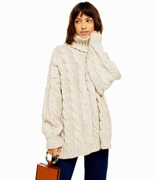 Topshop + Oatmeal Chunky Knitted Cable Roll-Neck Jumper