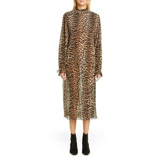Ganni + Leopard-Print Sheer Georgette Midi Dres