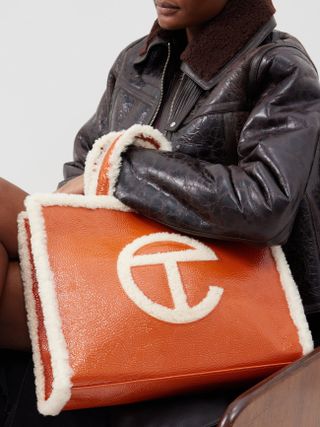 Ugg x Telfar + Shopper Medium Shearling-Trim Crinkle-Leather Tote