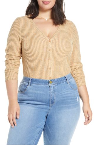 BP. + Button Front Long Sleeve Waffle Knit Top