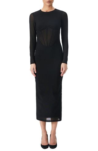 Bardot + Sensei Corset Long Sleeve Mesh Cocktail Midi Dress