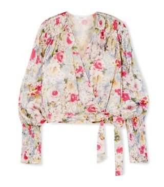Art Dealer + Rosie Smocked Floral-Print Satin Wrap Top