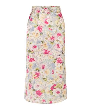 Art Dealer + Rosie Belted Faux Pearl-Embellished Floral-Print Satin Midi Skirt