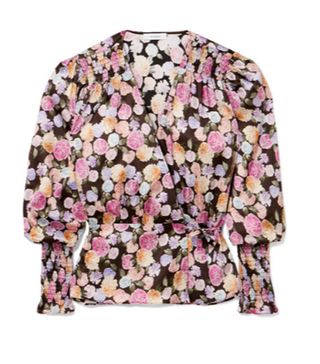 Art Dealer + Smocked Floral-Print Satin Wrap Top