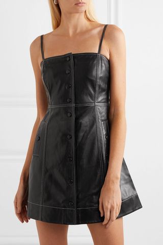 Ganni + Smocked Leather Mini Dress