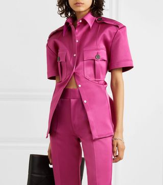 Peter Do + College Safari Belted Paneled Satin and Charmeuse Shirt