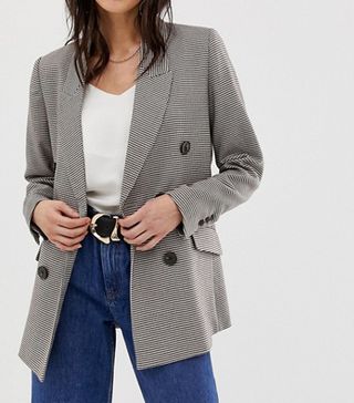 Mango + Double Breasted Check Blazer in Brown