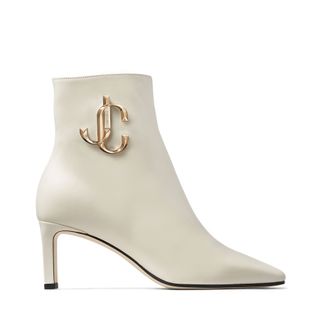 Jimmy Choo + Minori 65 Latte Calf Leather Ankle Bootie with Gold JC Logo