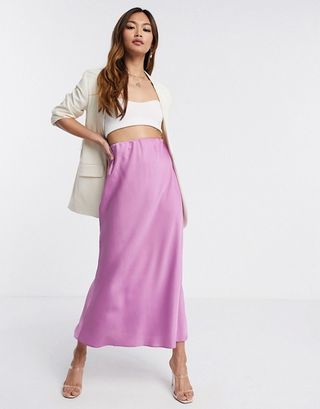 ASOS Design + Bias Cut Satin Slip Midi Skirt in Violet
