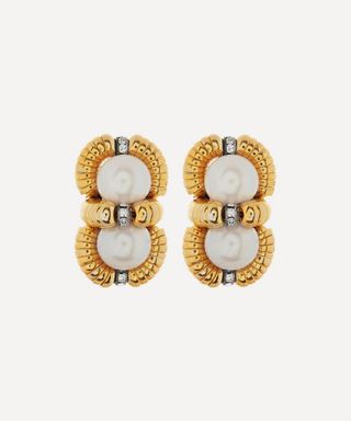Designer Vintage + 1980s Gilt Faux Pearl and Diamond Clip-On Earrings
