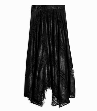 Topshop + Black Jacquard Lace Trim Midi Skirt