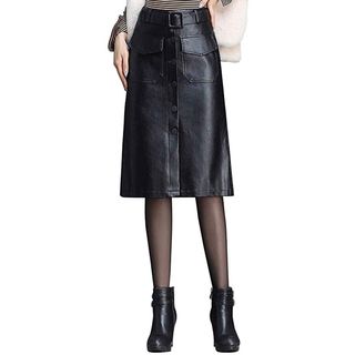 Ebossy + Faux Leather Button Front Belted Midi Skirt