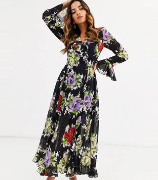 ASOS + Design Wrap Maxi Dress With Frills in Dark Based Floral Print