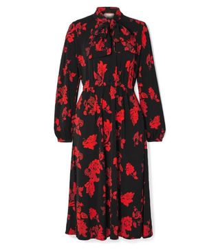 Tory Burch + Tie-Neck Floral-Print Jersey Midi Dress