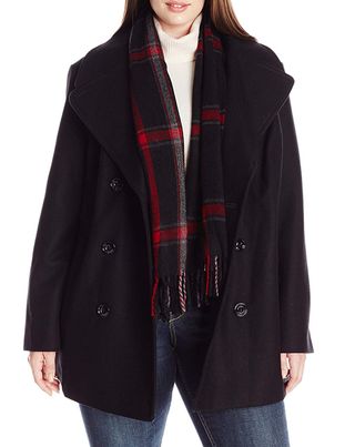 London Fog + Double-Breasted Peacoat With Scarf