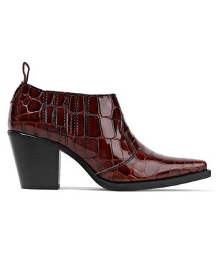 Ganni + Croc-Effect Patent-Leather Ankle Boots
