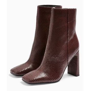 Topshop + Halia Burgundy Lizard Square Toe Boots