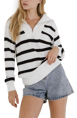 English Factory + Stripe Cotton Zip Pullover