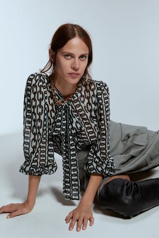 Zara + Print Blouse With Bow