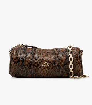 Manu Atelier + Brown Snake Print Cylinder Leather Bag