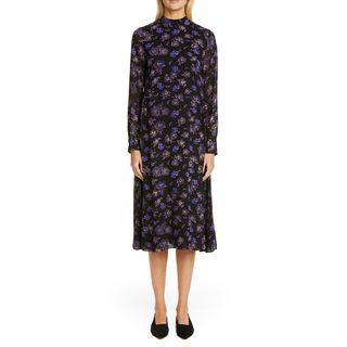 Ganni + Floral-Print Georgette Long-Sleeve Dress