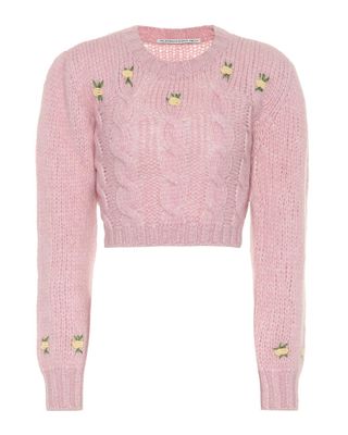 Alessandra Rich + Cropped Crewneck Wool Wave-Knit Sweater