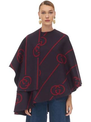 Gucci + GG Asymmetric Printed Wool Blend Cape