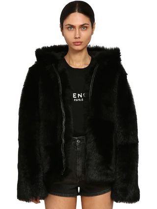 Givenchy + Logo Hooded Shearling Coat