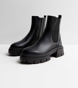 New Look + Black Leather-Look Chunky Cleated Sole Chelsea Boots