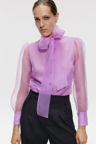 Zara + Organza Blouse With Tie