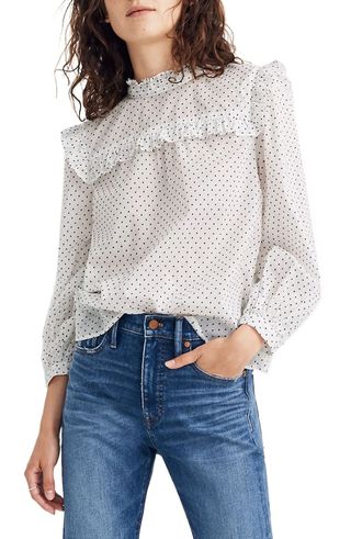 Madewell + Mock Neck Ruffle Top in Flocked Dots