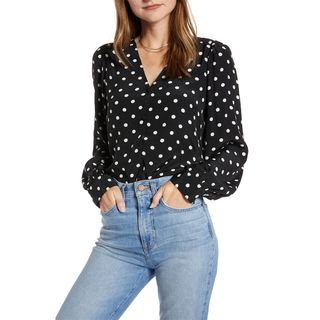 Something Navy + Balloon-Sleeve Button-Front Top