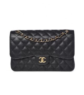 Chanel + Classic Double Flap Quilted Caviar Gold-Tone Jumbo Black