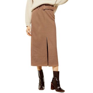 Topshop + Belted Check Slit Midi Skirt