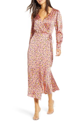 Leith + Pink Leopard Print Long Sleeve Satin Midi Wrap Dress