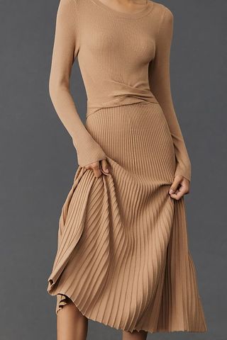 Anthropologie + Slim Knit Long-Sleeve Ruched-Waist Pleated Midi Dress