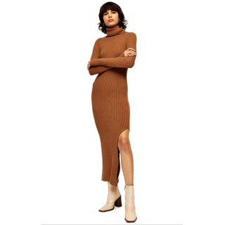 Topshop + Camel Knitted Roll Neck Dress
