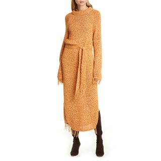 Nanushka + Aiza Belted Long-Sleeve Fringe Sweaterdress