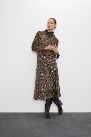 Zara + Printed Pleated Skirt