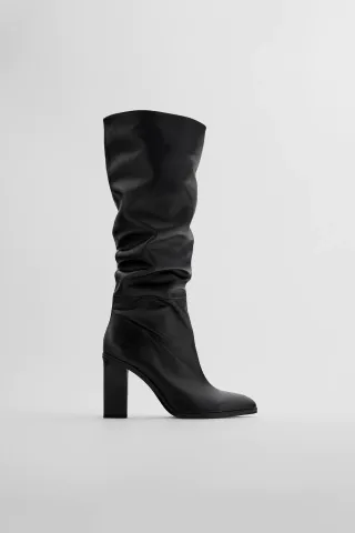 Zara + Slouchy Heeled High Shaft Leather Boots